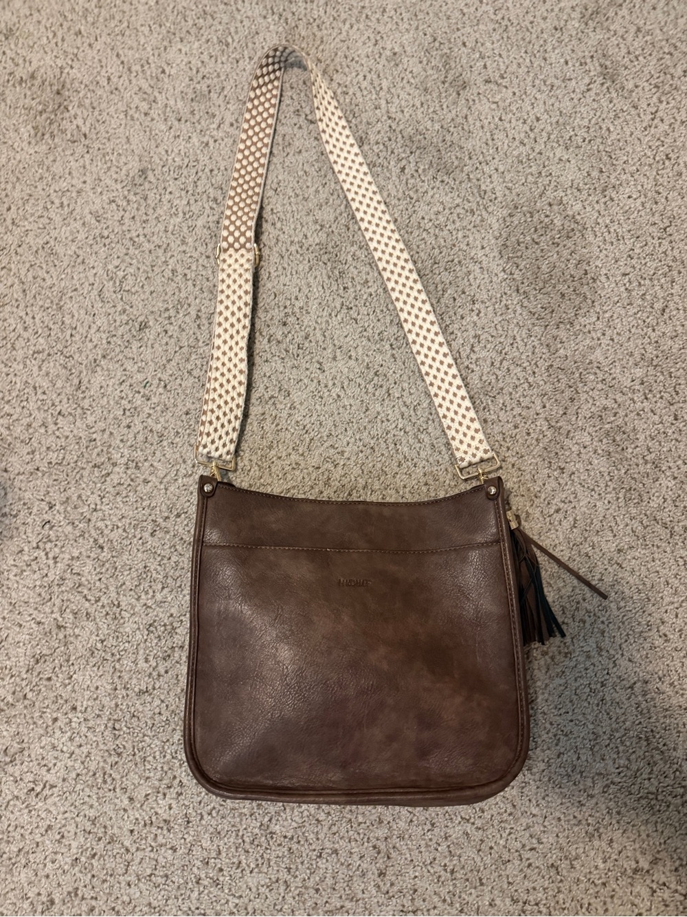 Vegan Leather Crossbody Bag with Detachable Printed Strap - Brown